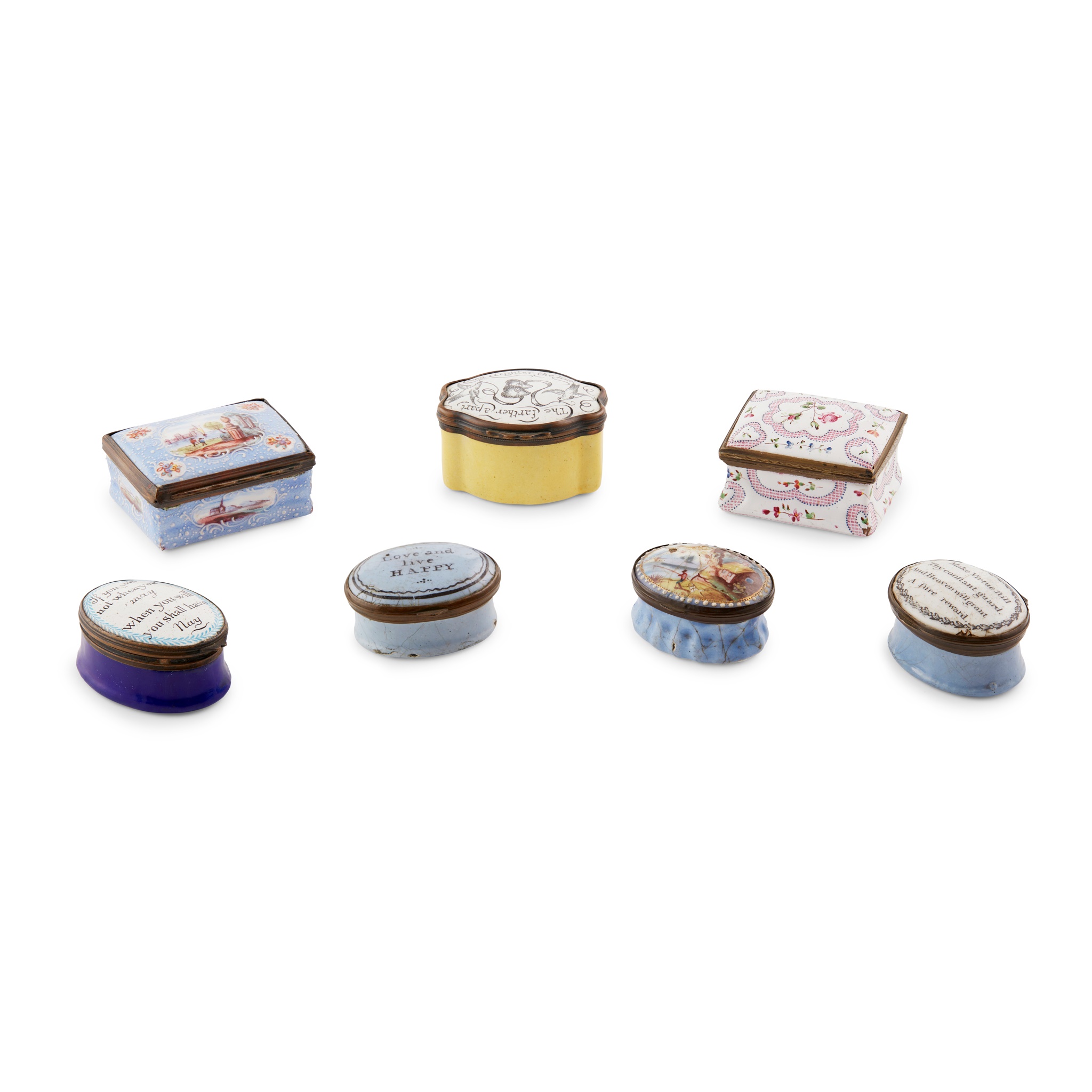 GROUP OF SEVEN ENAMEL PATCH OR SNUFF BOXES