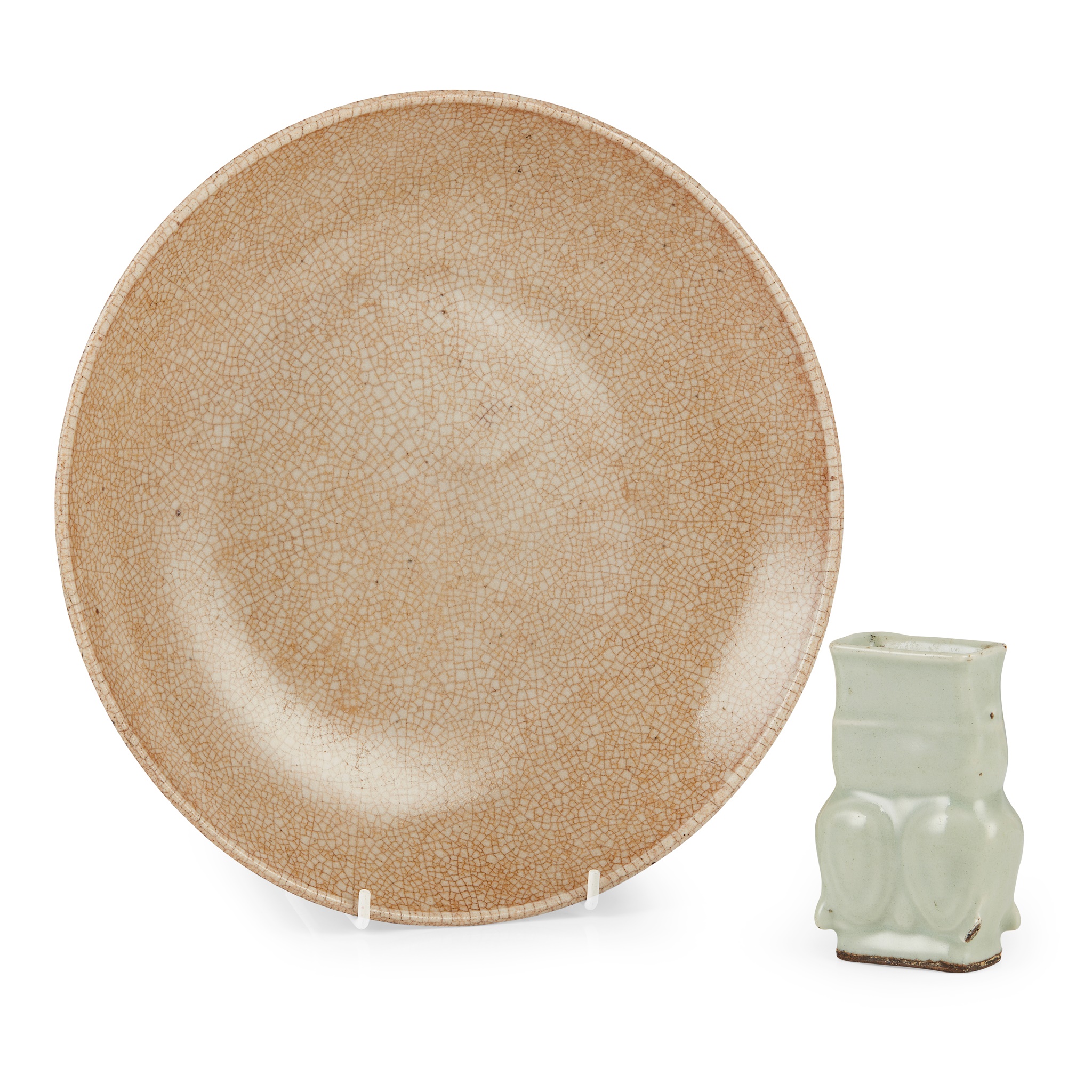 SMALL CELADON GLAZED TOOL VASE AND A GE-TYPE CRACKLE-GLAZED DISH