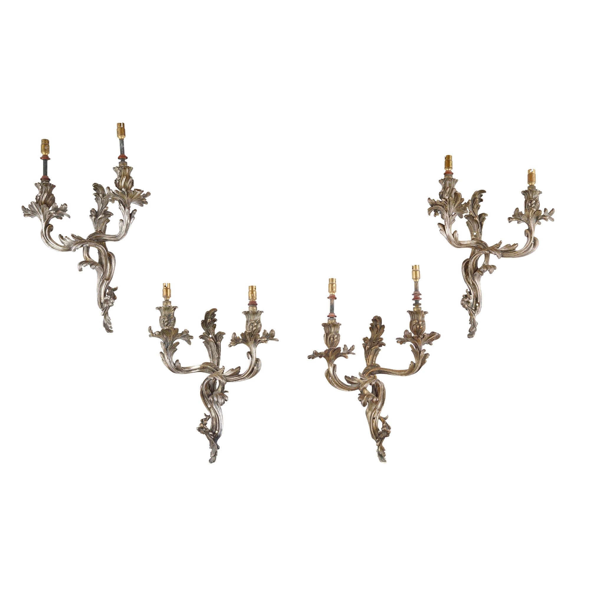 SET OF FOUR LOUIS XV STYLE SILVERED BRONZE WALL APPLIQUES