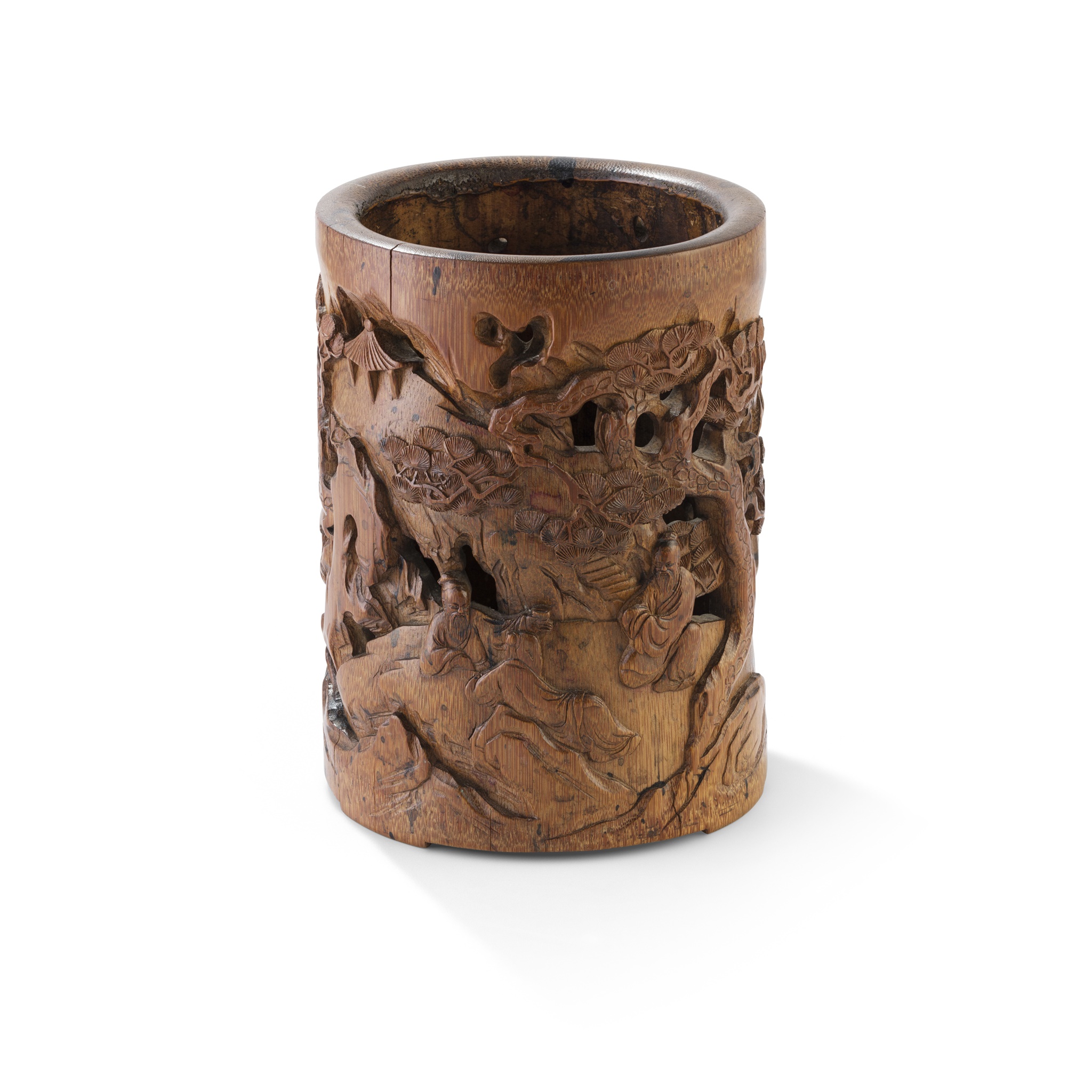 CARVED BAMBOO 'SCHOLAR AND PINE' BRUSH POT
