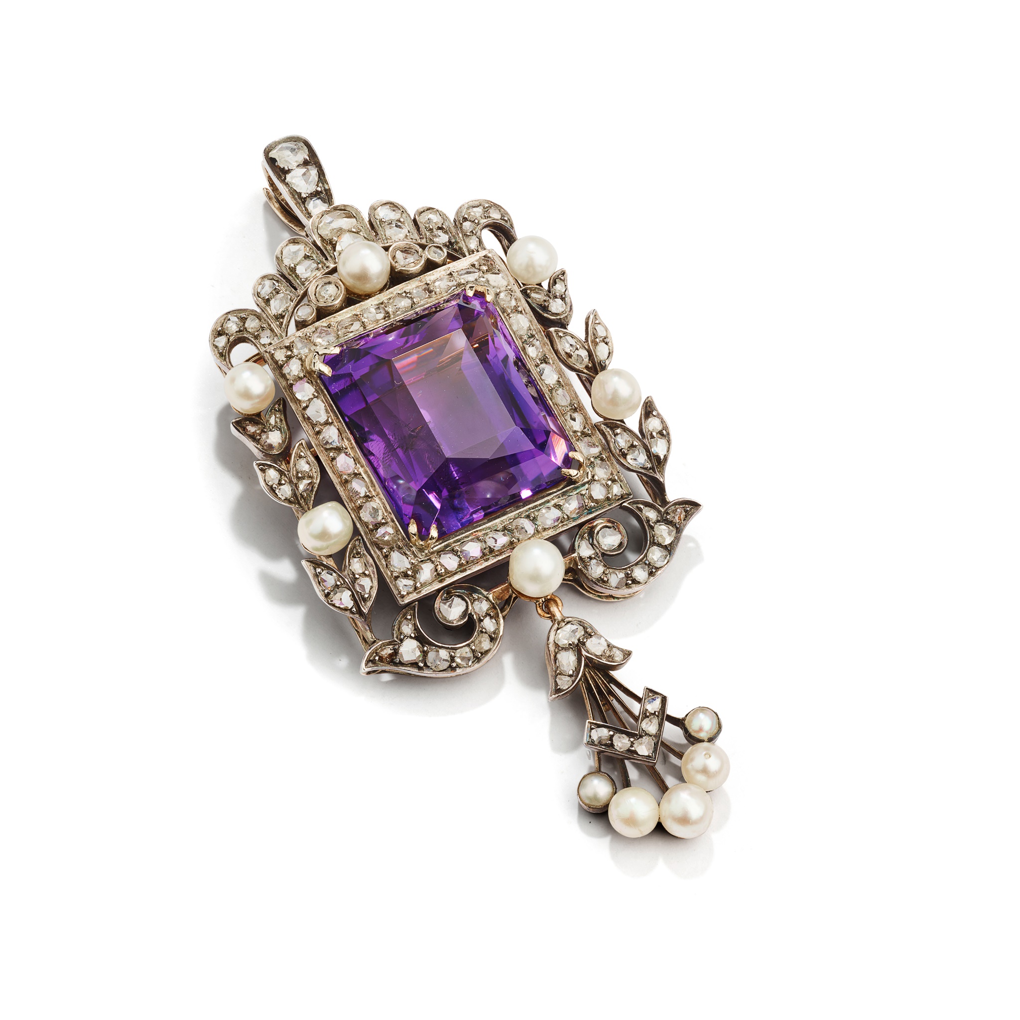 A late 19th century amethyst, pearl and diamond pendant/brooch