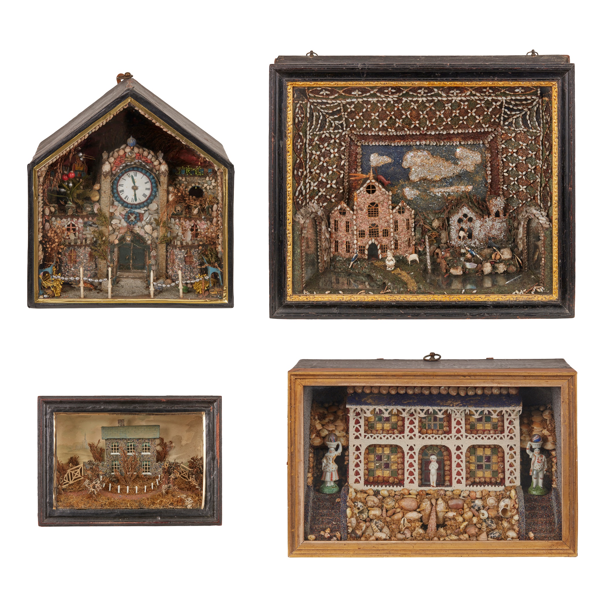 FOUR VICTORIAN CASED SHELL-WORK DIORAMAS INCLUDING ONE EXAMPLE WITH A PORCELAIN ST JAMES'S (CHARLES GOUYN) MINIATURE SEAL FOB FIGURE