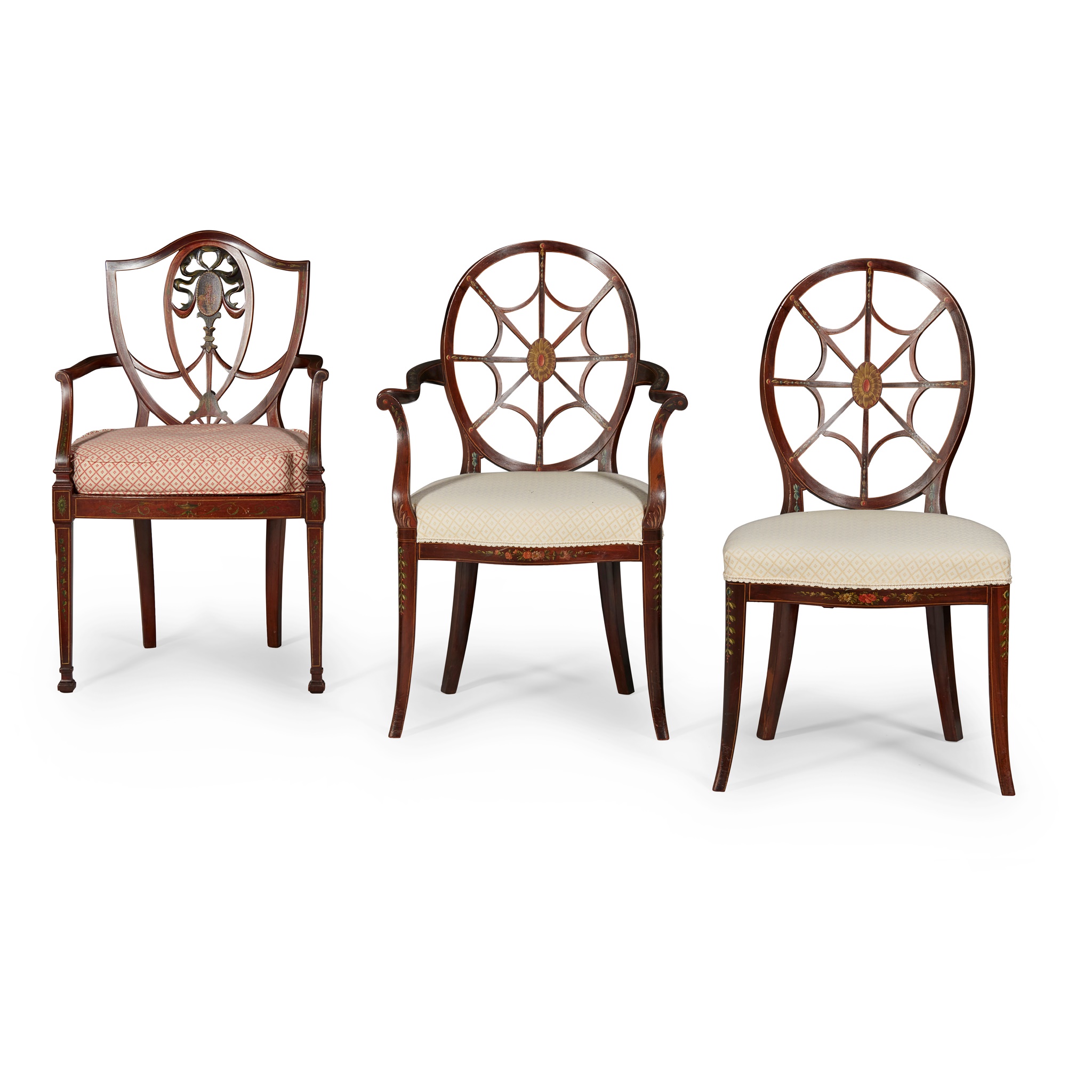 THREE LATE VICTORIAN PAINTED SATINWOOD CHAIRS
