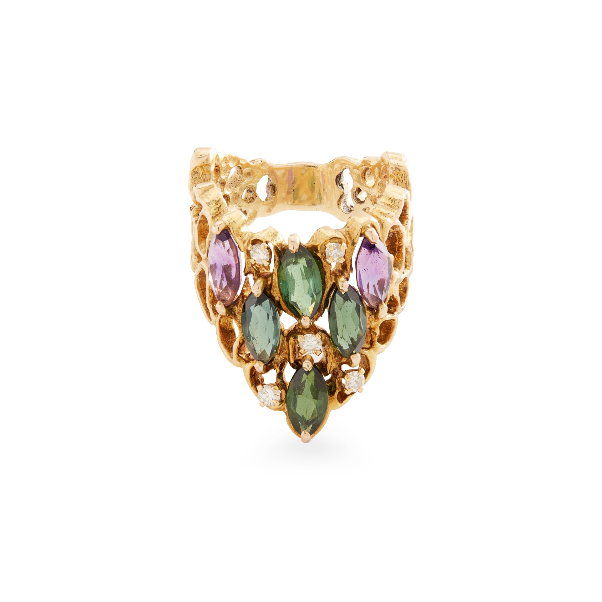 A 1970s tourmaline, diamond and amethyst dress ring