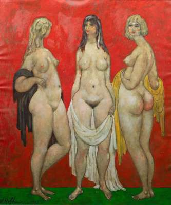 <p>A modern depiction of Aglaia, Euphrosyne and Thaleia against a bright red background. Each of the ladies is depicted with a cloth wrapped around her body. Signed and dated in the lower left-hand corner.&nbsp;</p>