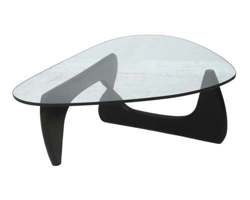 <p>Een glazen salontafel met gezwart scharnierend houten onderstel, model In-50, ontwerp 1944, onbekende editie.</p>