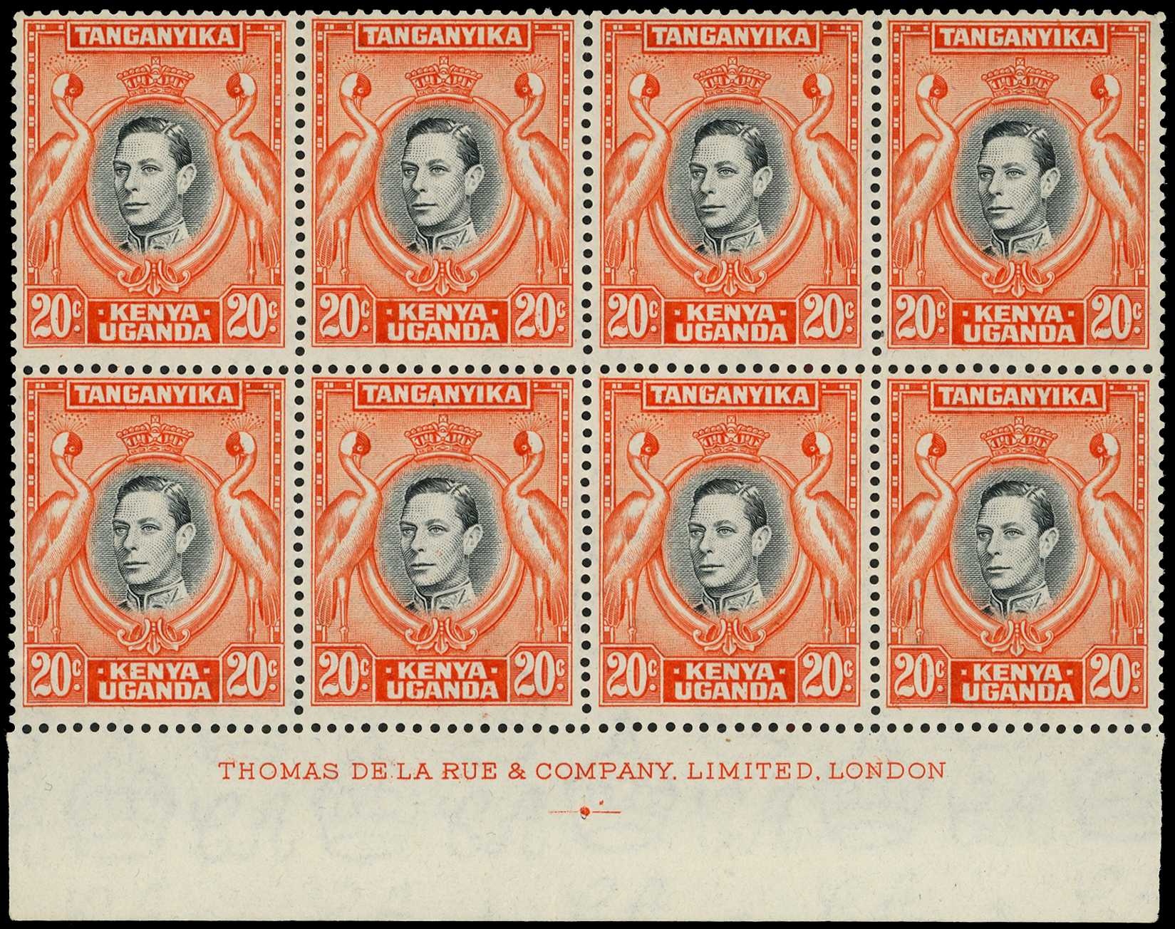 1942-51 20c black and orange perf 13¼ x 13¾ unmounted o.g. imprint block of eight, unfolded, fresh.  SG...