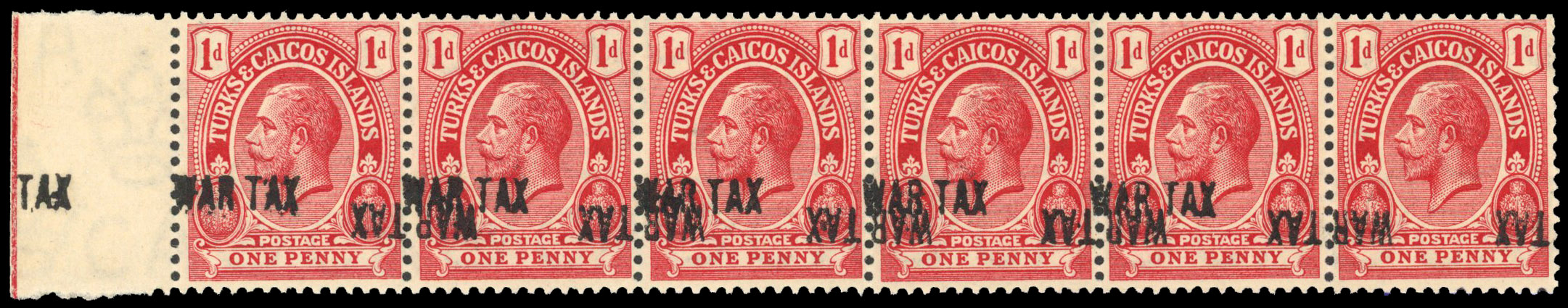Turks and Caicos 1917 War Tax 1d overprint double, one inverted + overprint inverted only in pair with normal