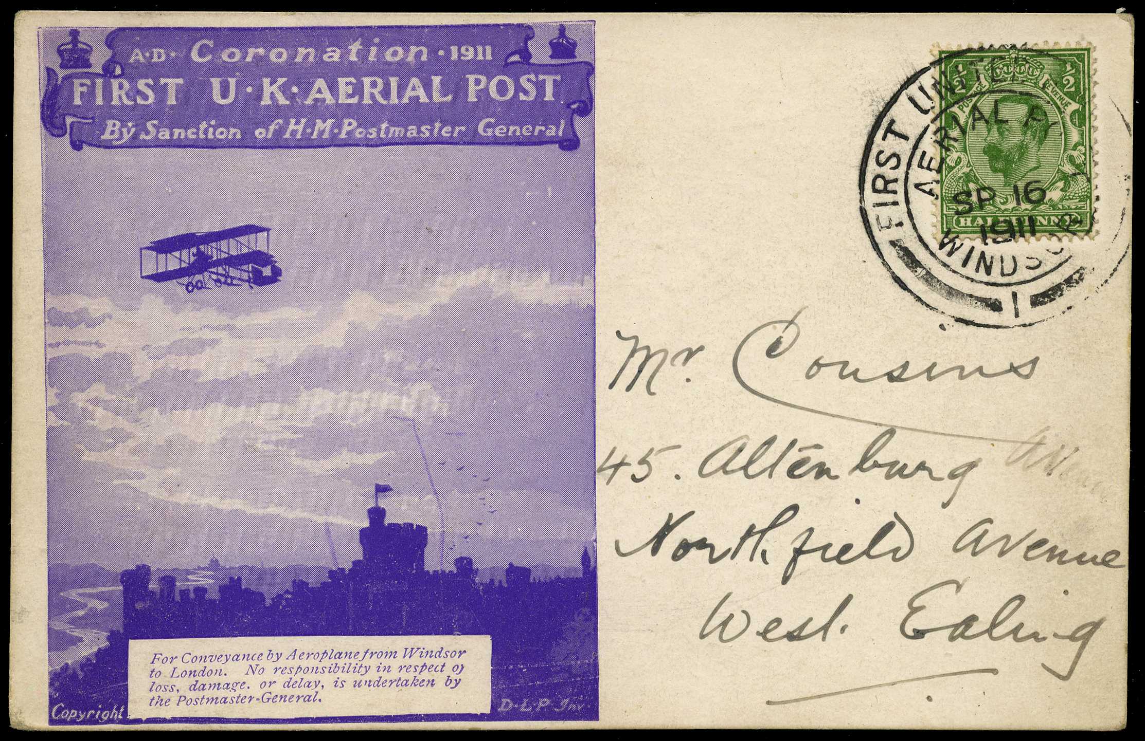 1911 FIRST U.K. AERIAL POST: Violet...