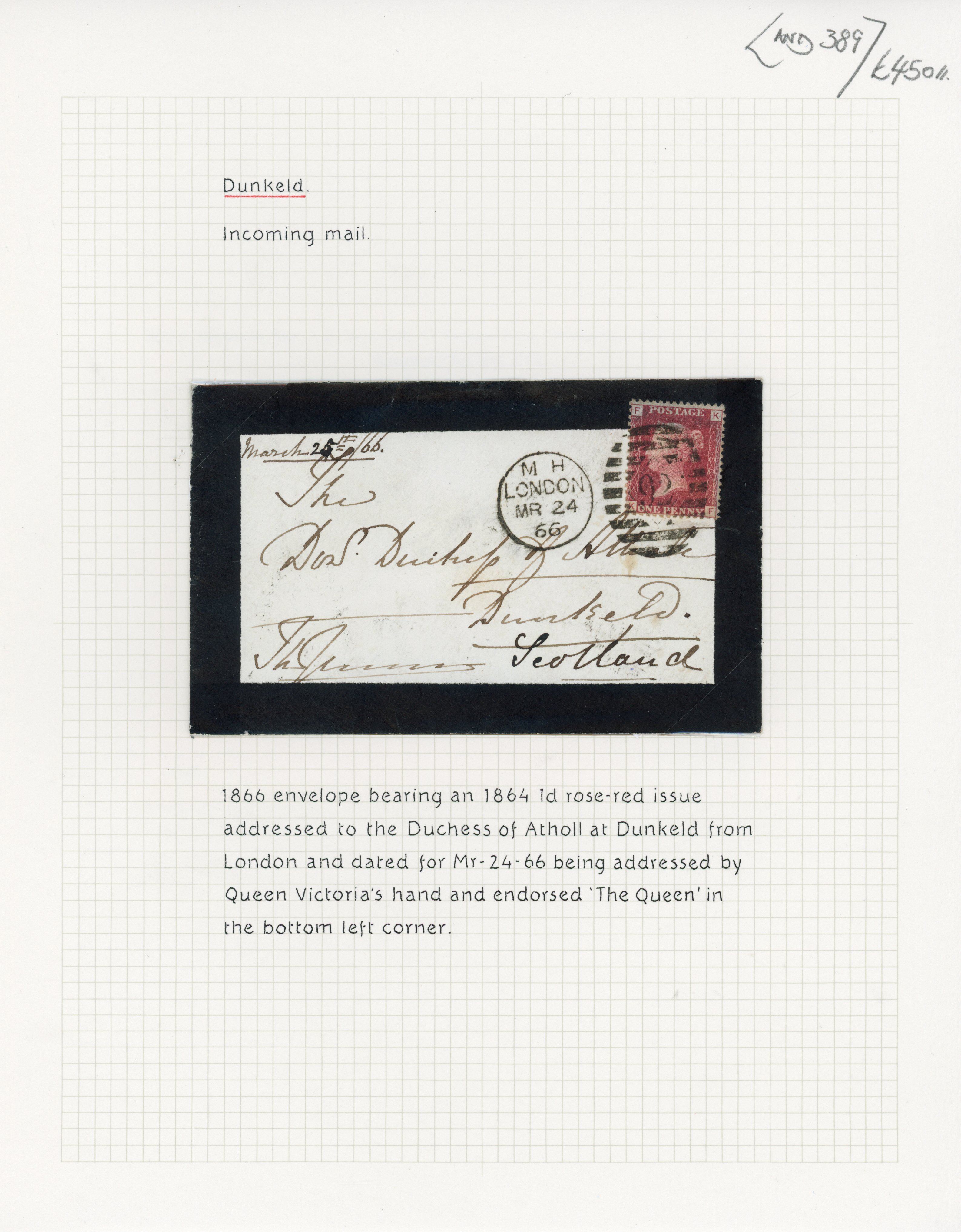 GB 1866 (24 MR) envelope in the hand of Queen Victoria to the Duchess of Atholl