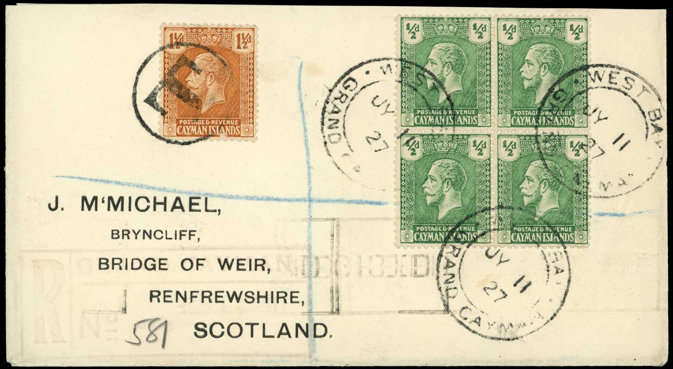 1927 Outgoing registered cover from West Bay...