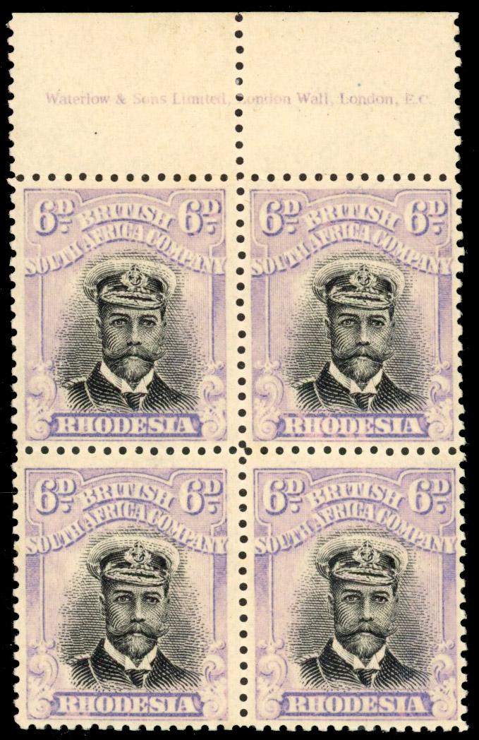 Rhodesia 6d SG 228 imprint block with position 5 Snowstorm mint