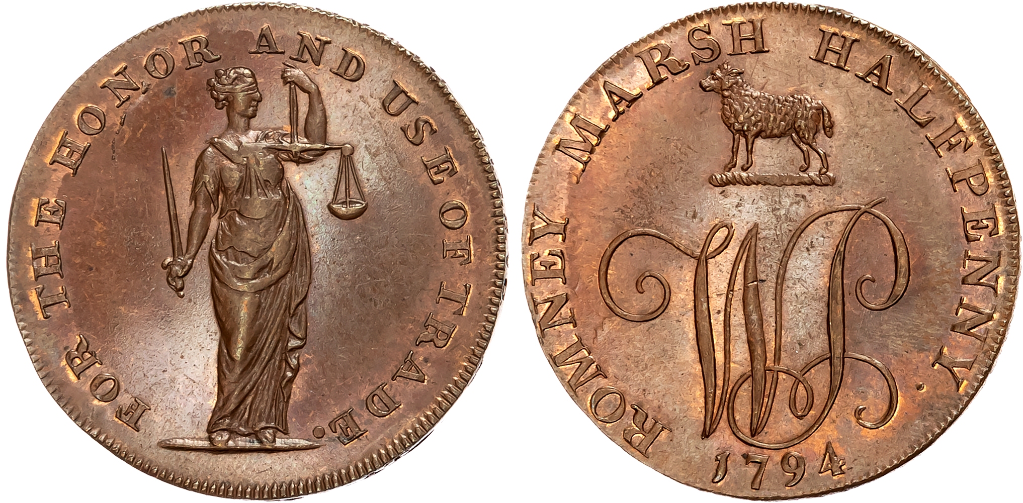 Kent, Dimchurch , William Parris (Freeholder) Halfpenny 1794, Sheep crest over WP cypher, rev . Justice standing, edge …