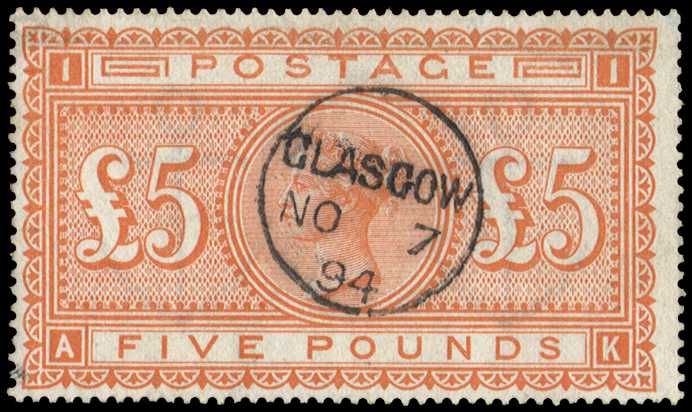 1882 £5 Orange Plate 1. Very fine used example lettered AK, neatly cancelled by a crisp Glasgow cds for NO.7.1894. Most...