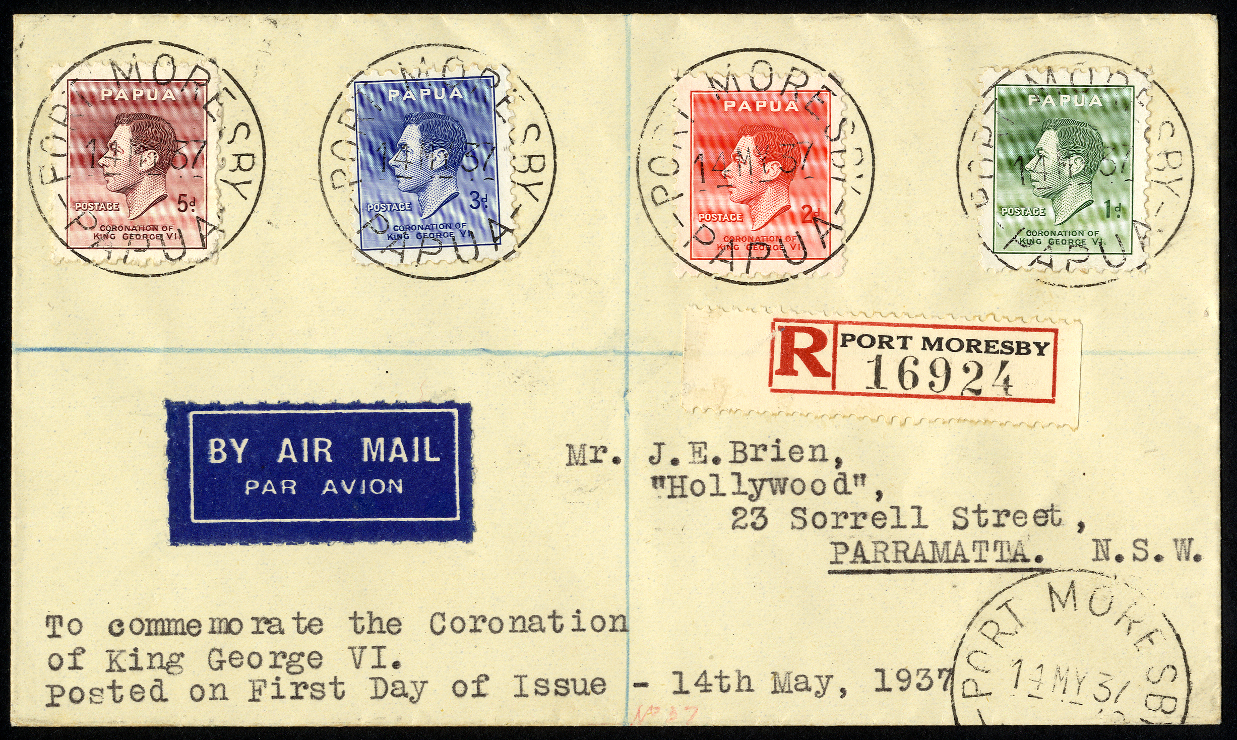 1937 Coronation set of four on registered airmail envelope to Australia, Port Moresby CDSs of 14 MY. The 1d value with...