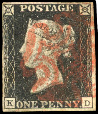 GB: 1840 1d black, Plate 2, (KD) four margins, red MC SG 2