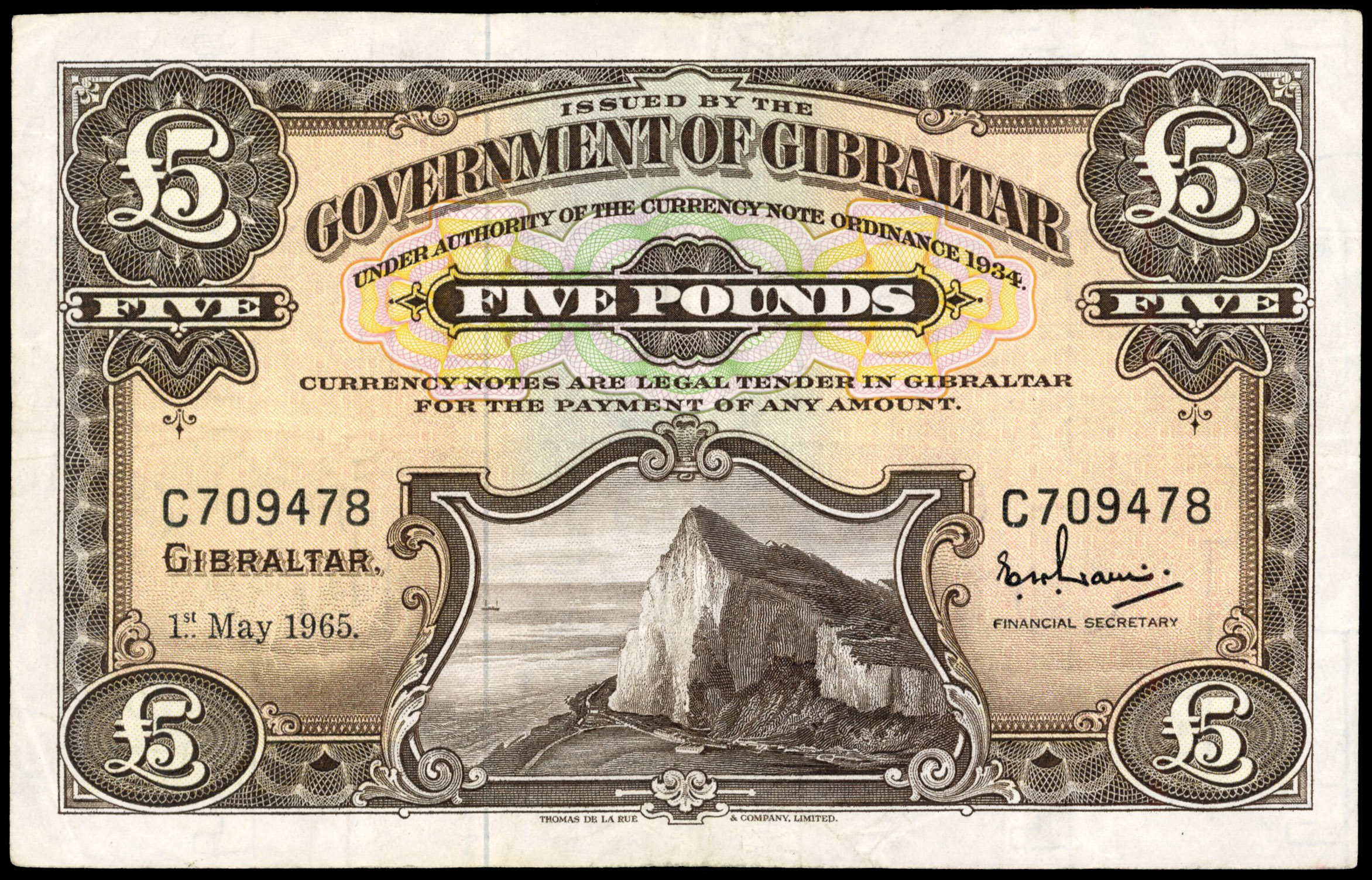 Gibraltar, Government, 1 May 1965, Ten Pounds, C 709478, security thread, signature of E H Davis, (Pick 19a). …