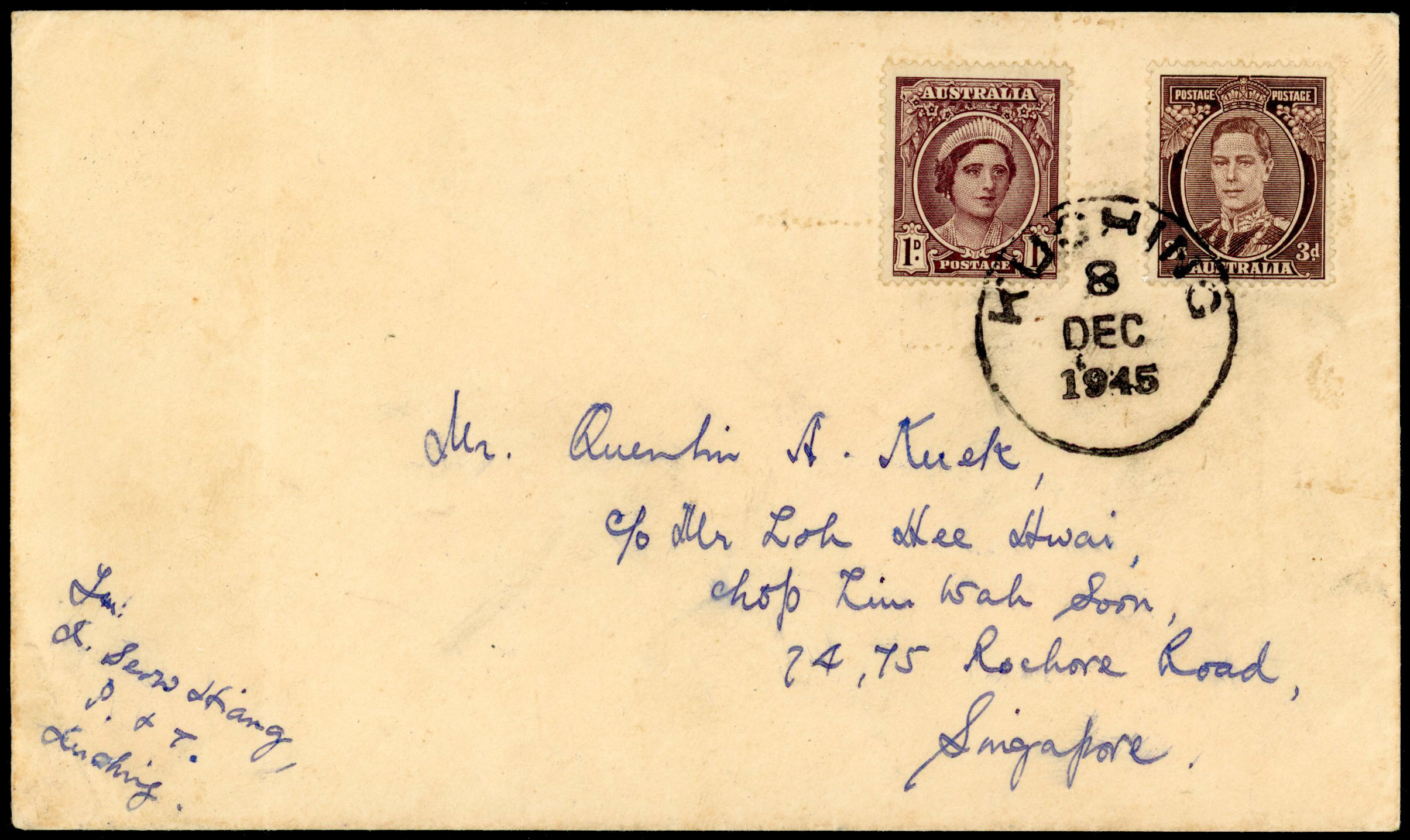 Sarawak 1945 cover with provisional use of Australian stamps