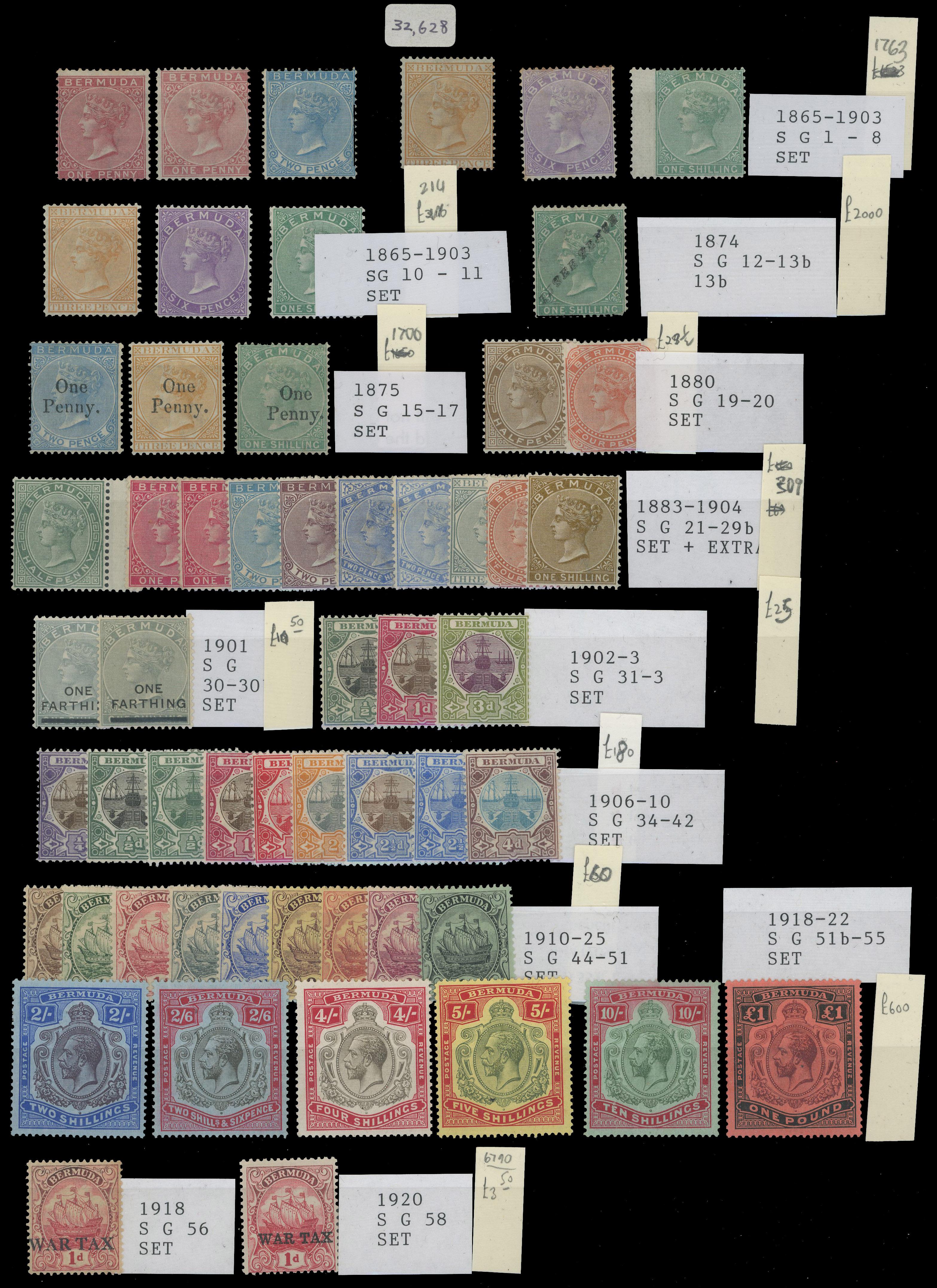 BERMUDA: 1865 to 1936 mint on stock cards including 1865 to 1s including perf 14 x 12½s,1874 3d on 1s overprinted “SPECIMEN”,