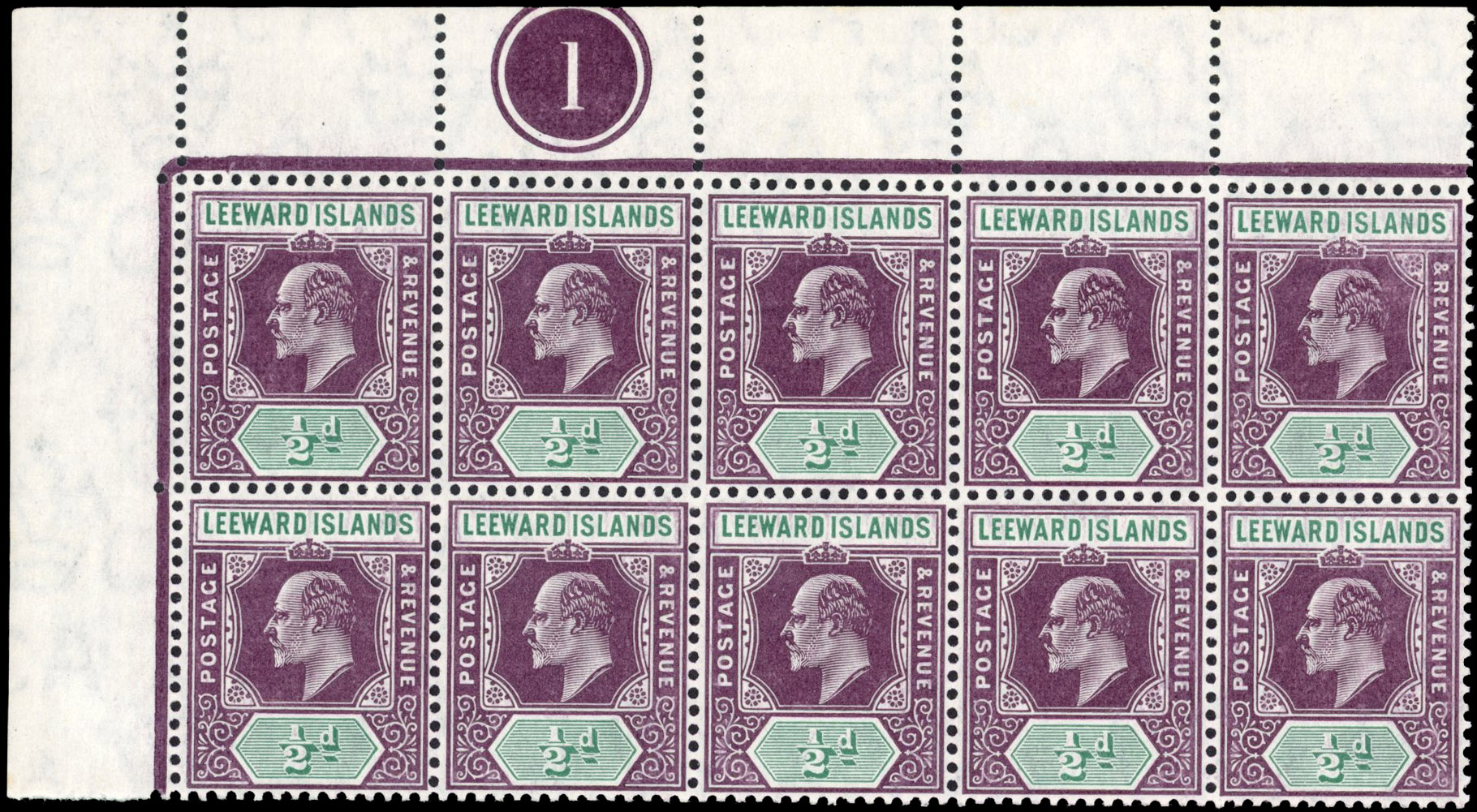 Leewards 1905-08 ½d dull purple and green block with R.1/3 damaged frame and crown (Spaven flaw) SG 29a, ab, mint