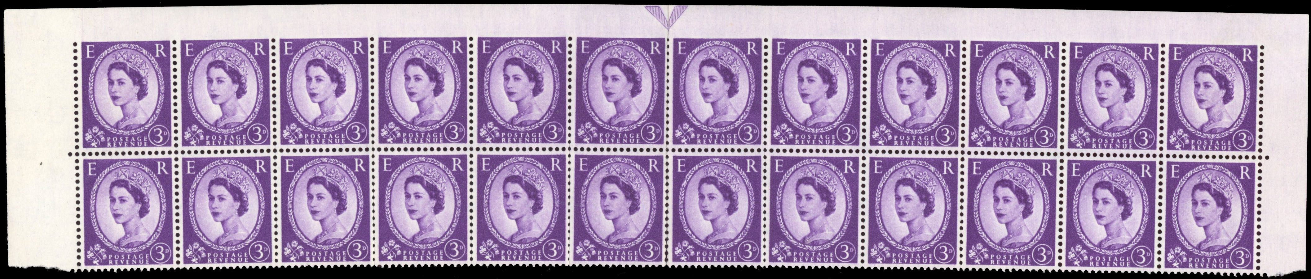GB 1958 3d block of twenty-four imperforate between stamp and top margin mint