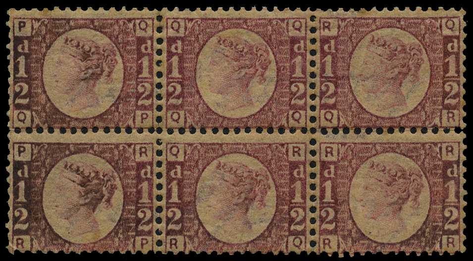 1870 ½d rose-red block of 6 (3 x 2) plate...