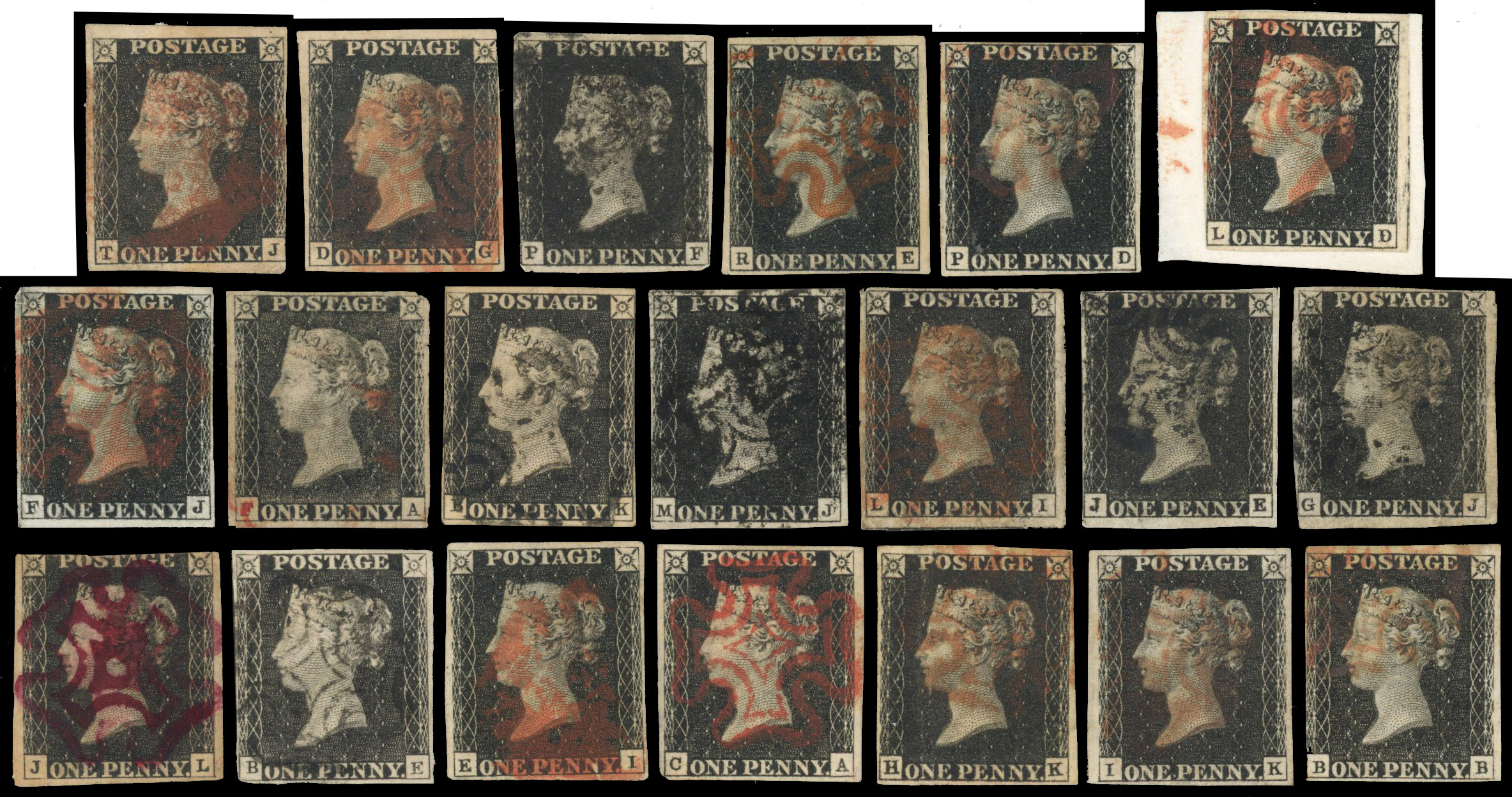 GB: 1840 1d black used range, unplated selection of twenty examples including one on piece, 3-4-margin, red or black MCs