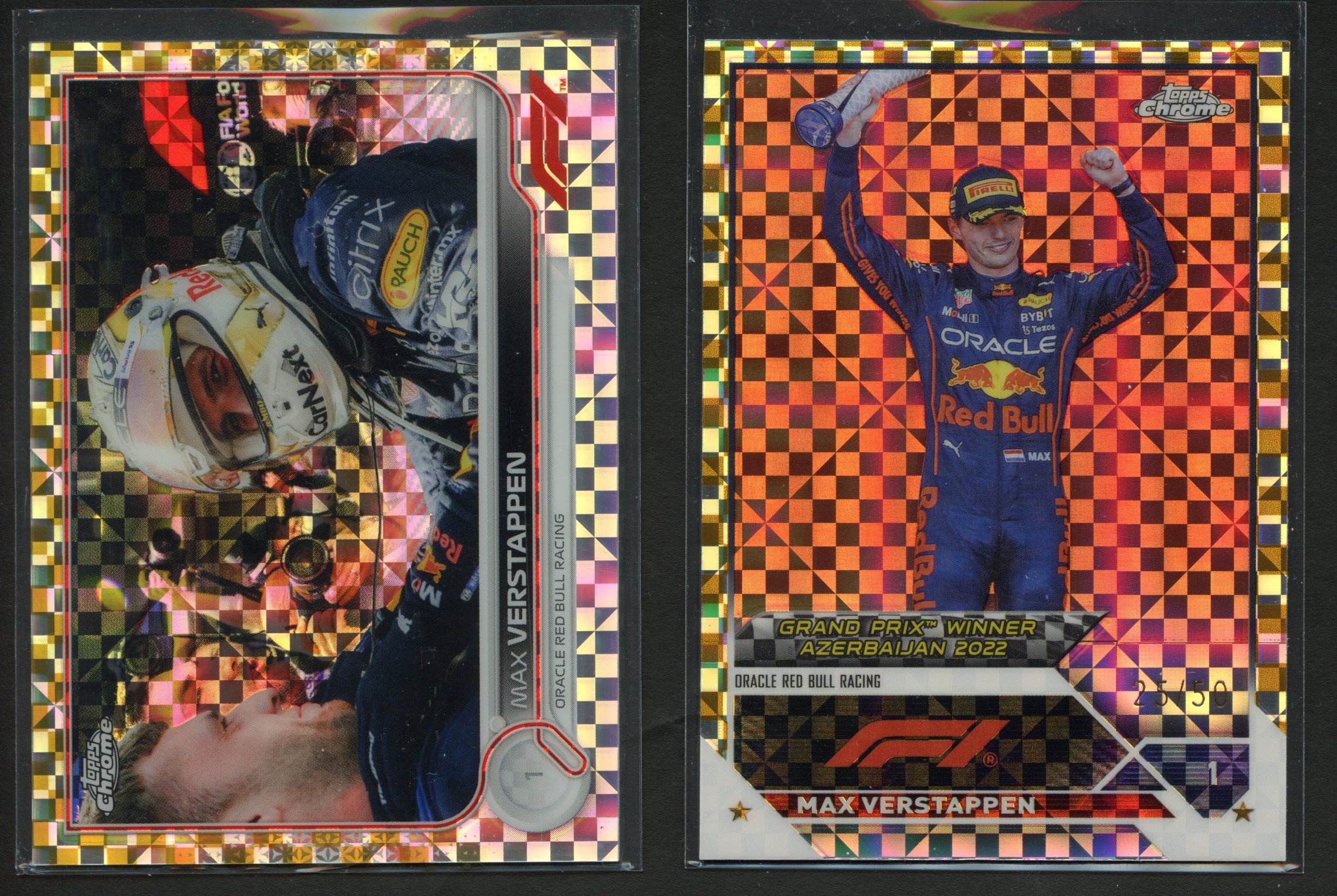 <p>Pair of 2023 Topps Chrome Max Verstappen Gold Checker Refractors</p>