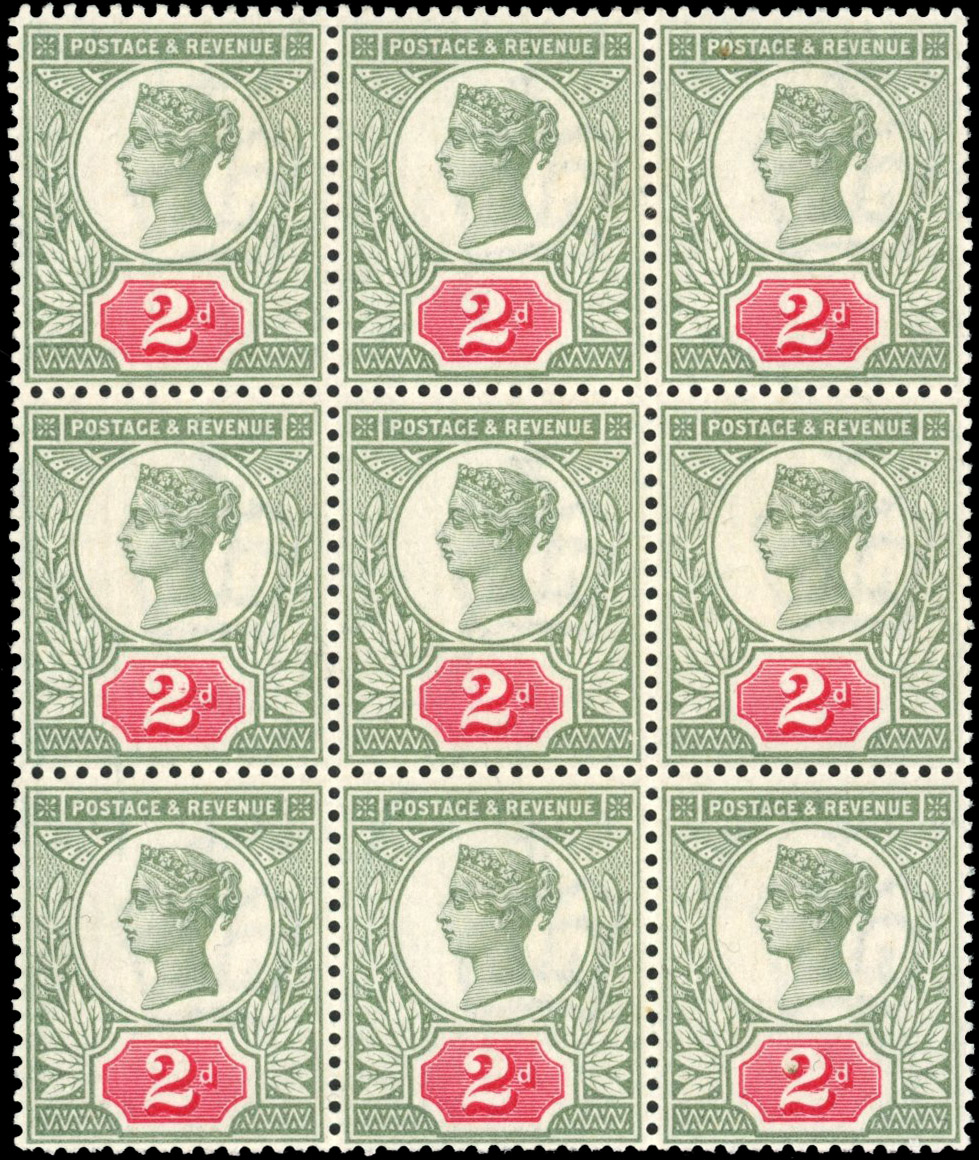 GB: 1887-1900 2d grey green and carmine, mint unmounted og block of nine