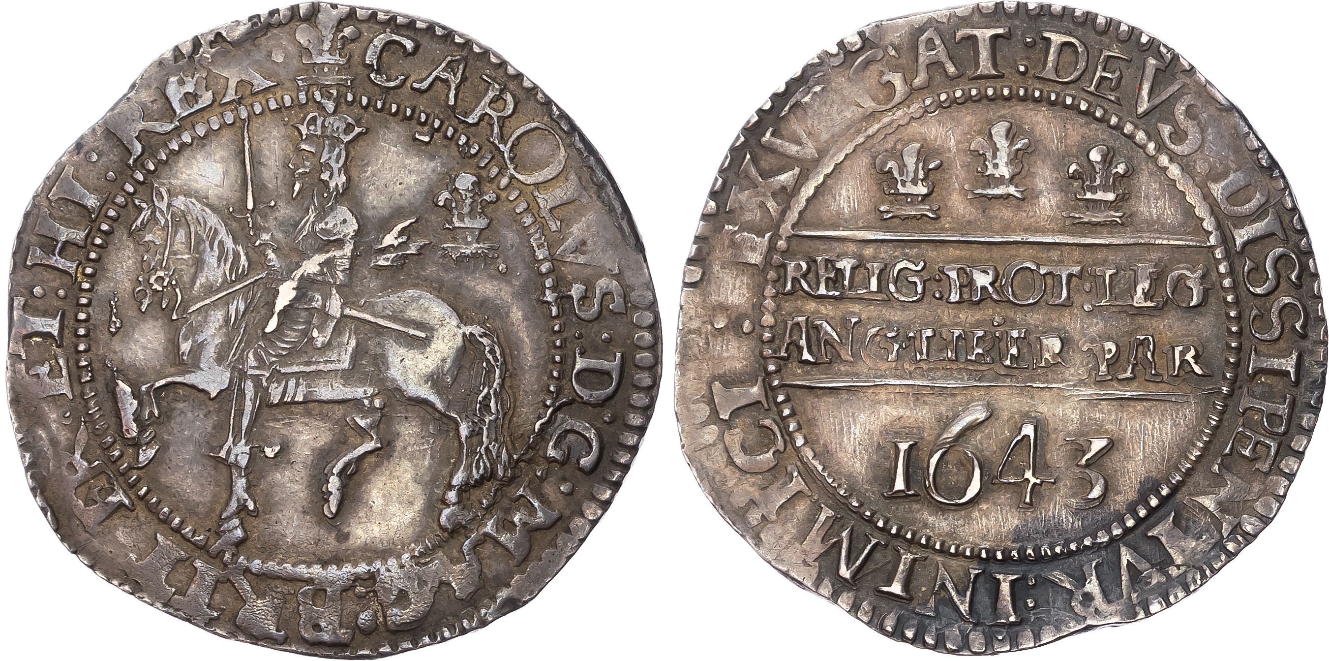 Charles I (1625-1649), AR Halfcrown 1643, Declaration type, Oxford mint, mm: plumes. Charles on horseback left, holding …