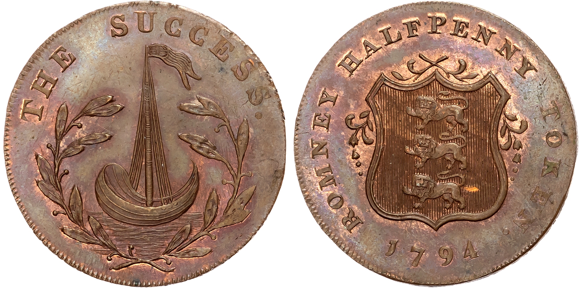 Kent,  Romney , John Sawyer (carpenter & joiner) Halfpenny 1794, Arms of the Town of Romney, rev. small sloop in laurel  …