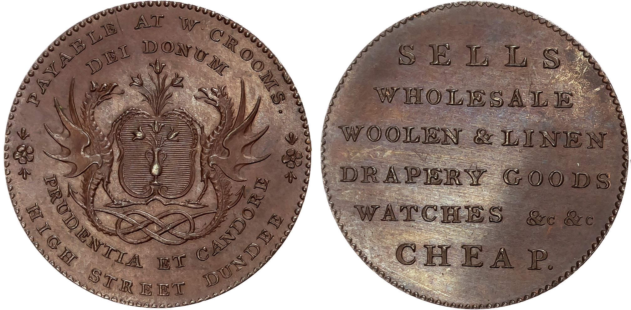 Angus. Dundee, William Croom (draper), Kempson’s Halfpenny (mid 1790s), Arms and supporters of town, period after Dunde …