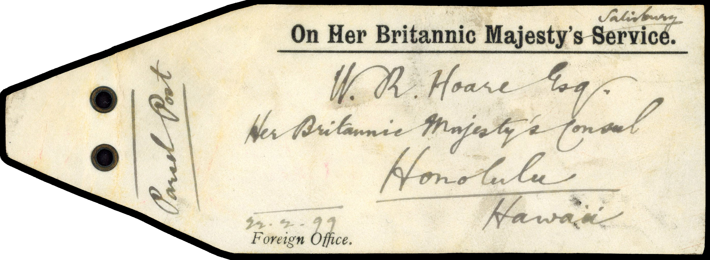 Great Britain 1899 Government Parcels parcel tag to Hawaii 