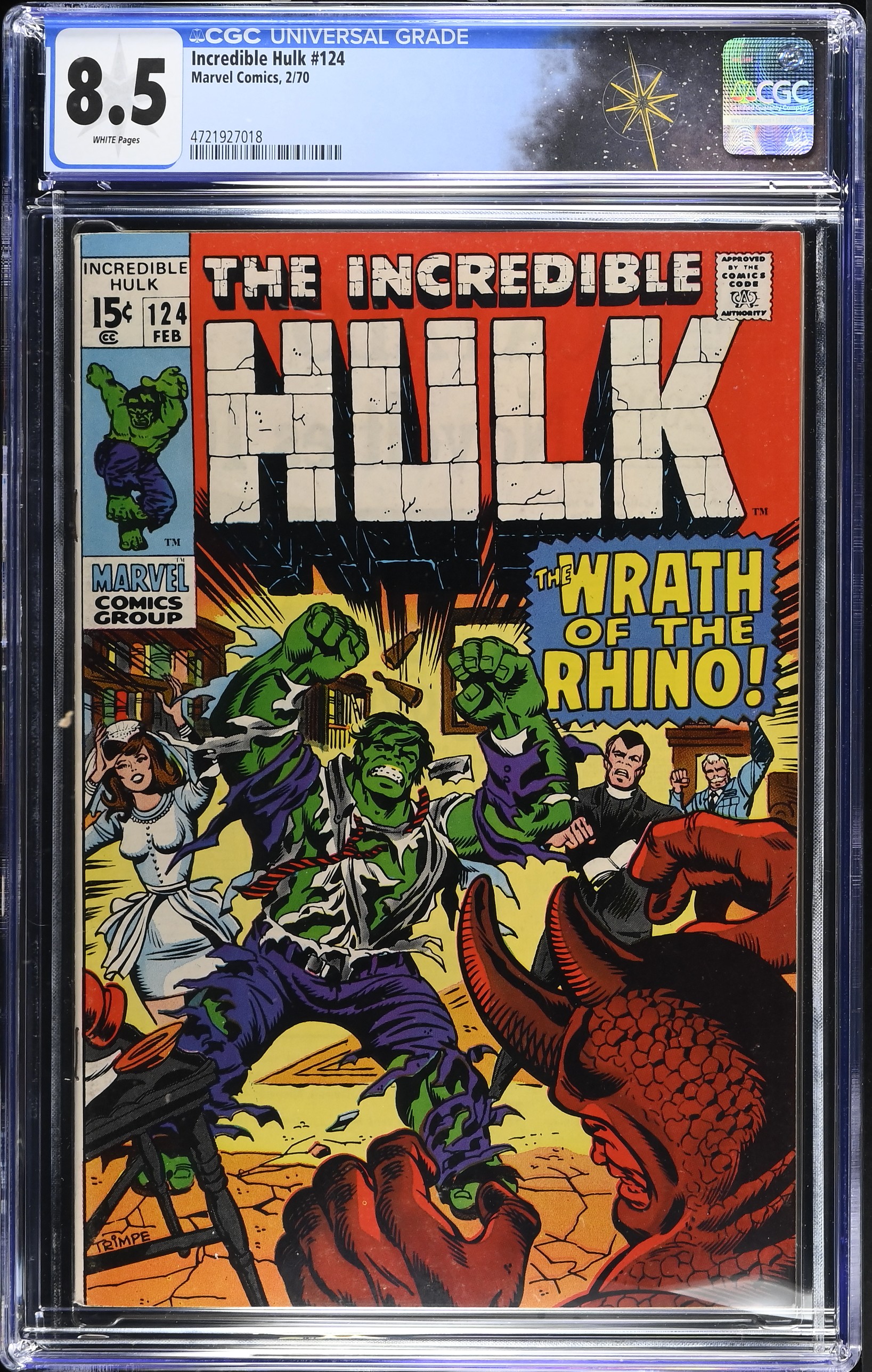 Incredible Hulk #124 CGC 8.5 "The Rhino Says No!" Herb Trimpe Cover Roy Thomas Script (Marvel Comics, 1970) White Pages
