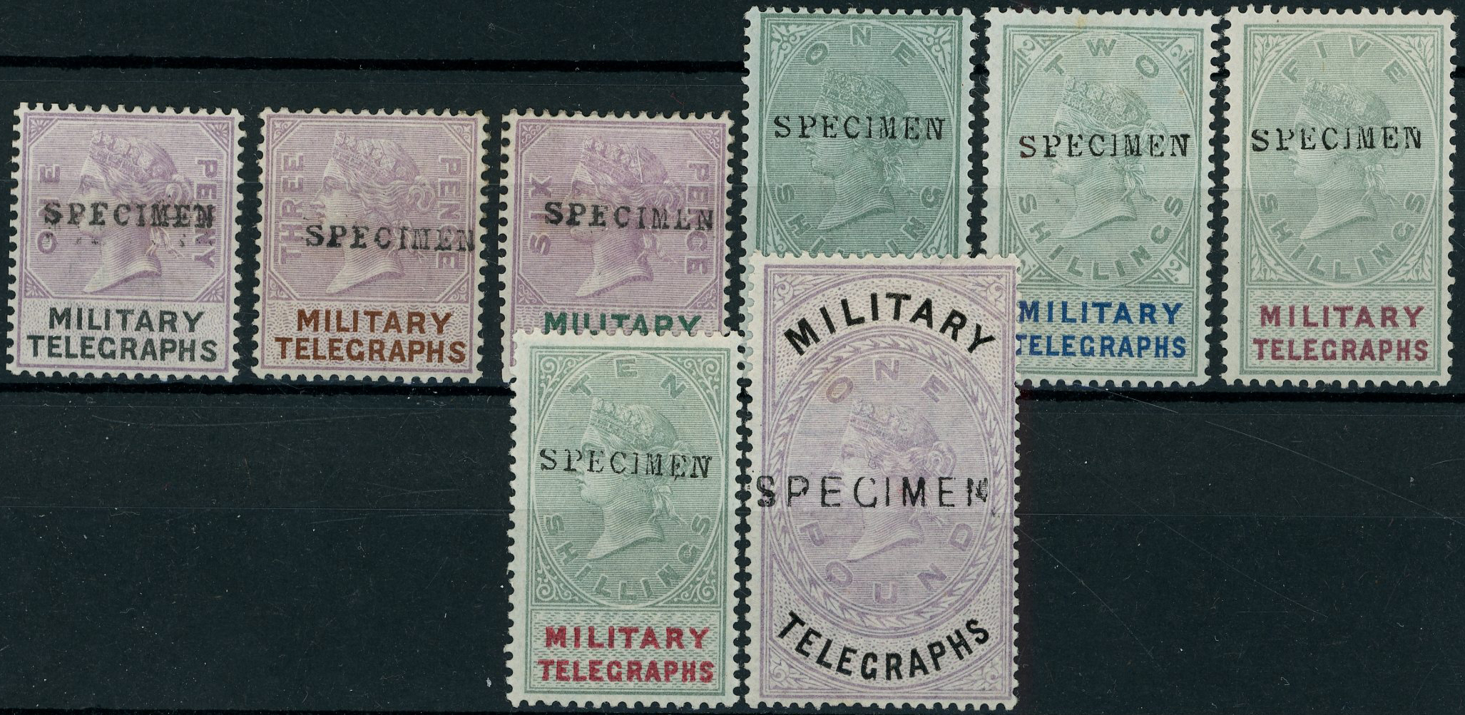 Military Telegraphs 1884 set of 8 to £1 opt SPECIMEN