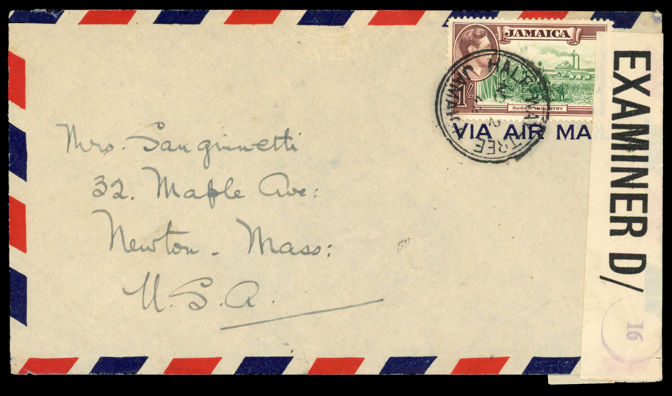 Jamaica SG 130a 1938-51 1/- repaired chimney on cover