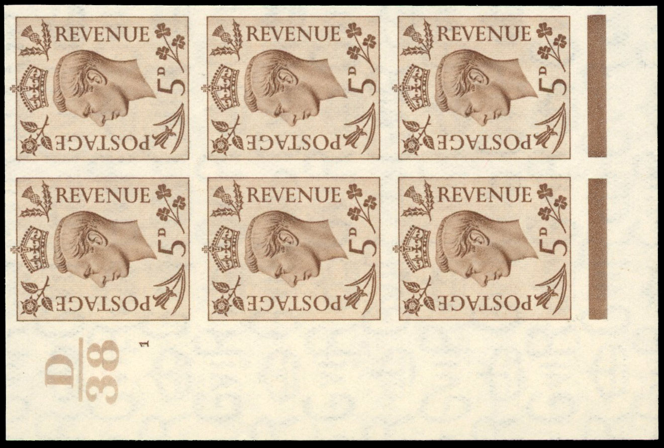 Great Britain 1937 5d Brown, Control Block of Six, BPMA Imprimatur, SG 469