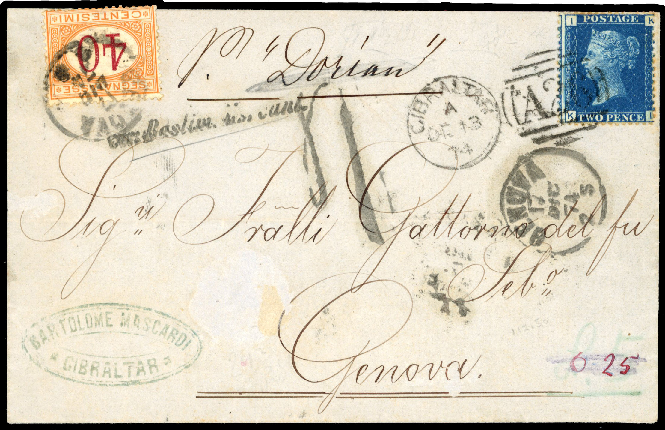 1874 cover Gibraltar to Genoa bearing 2d blue, pl 14 (SG Z104) cancelled A26 duplex and endorsed V “Dorian” underpaid 40c