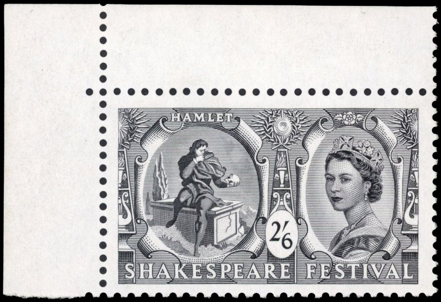 GB: 1964 2s6d Shakespeare jet-black shade, top left hand corner marginal example of this rare shade. BPA Certificate