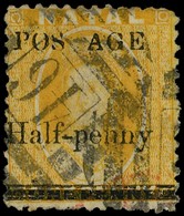1877 ½d on 1d yellow with 'T' of POSTAGE omitted, quite nicely used with '46' barred numeral cancel.  SG 91f,...