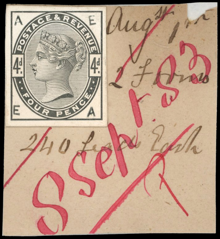 GB 1883-84 4d stamp-sized die proof on DLR striking book piece, For SG 192