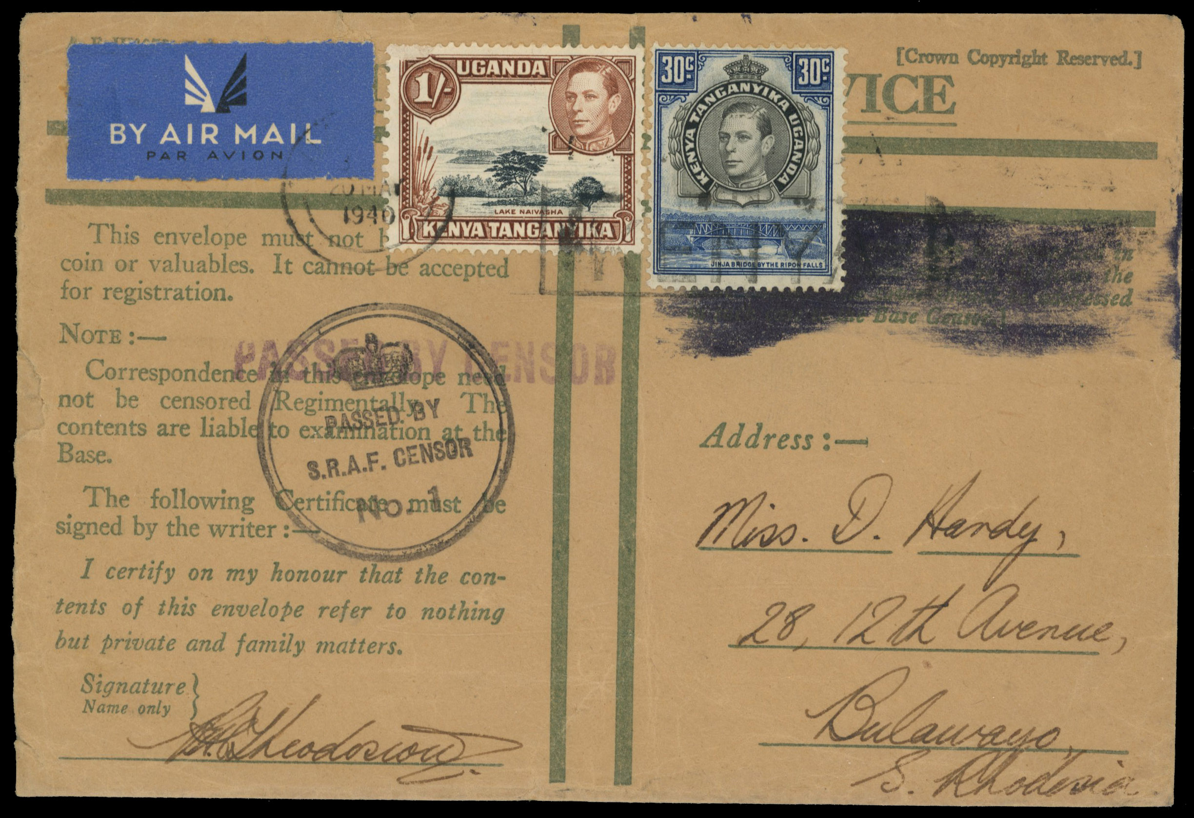 Southern Rhodesia 1940 Censor cover