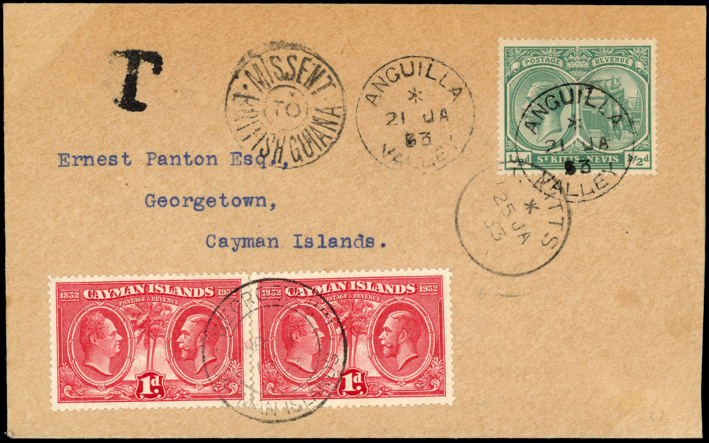 Anguilla 1933 'Panton' cover to Cayman Islands missent to British Guiana