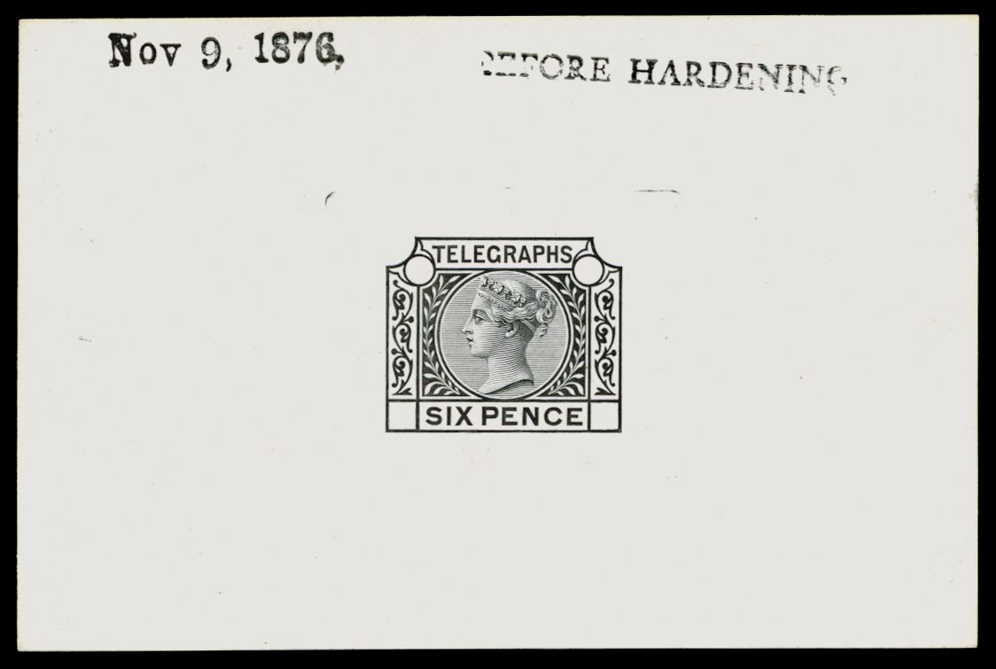 1876 6d "Telegraph" Die proof. Very fine example without corner letters or plate numbers printed in black on white glazed...