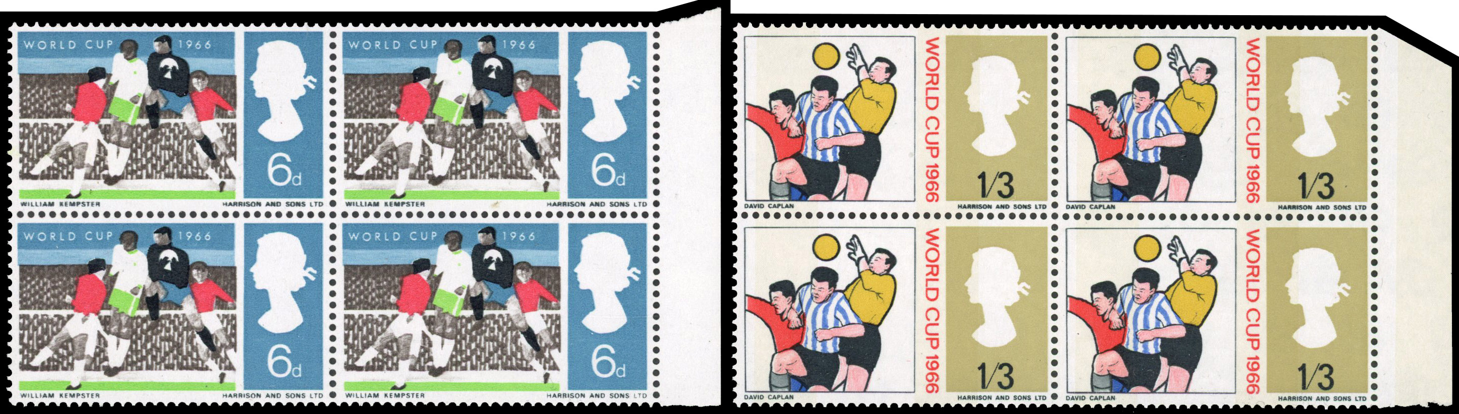 GB: 1966 World Cup 6d ordinary black omitted, another 6d red shift to left, 1s3d ordinary blue omitted all with normal