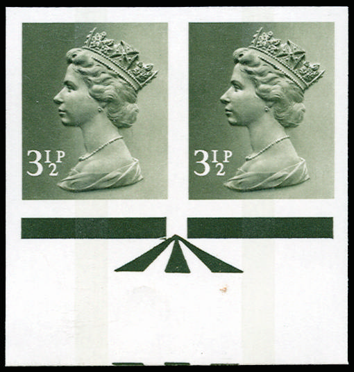 GB 1974 3½p Olive-grey (1 centre band). Superb unmounted o.g bottom marginal horizontal pair of imperfo… SGX859var