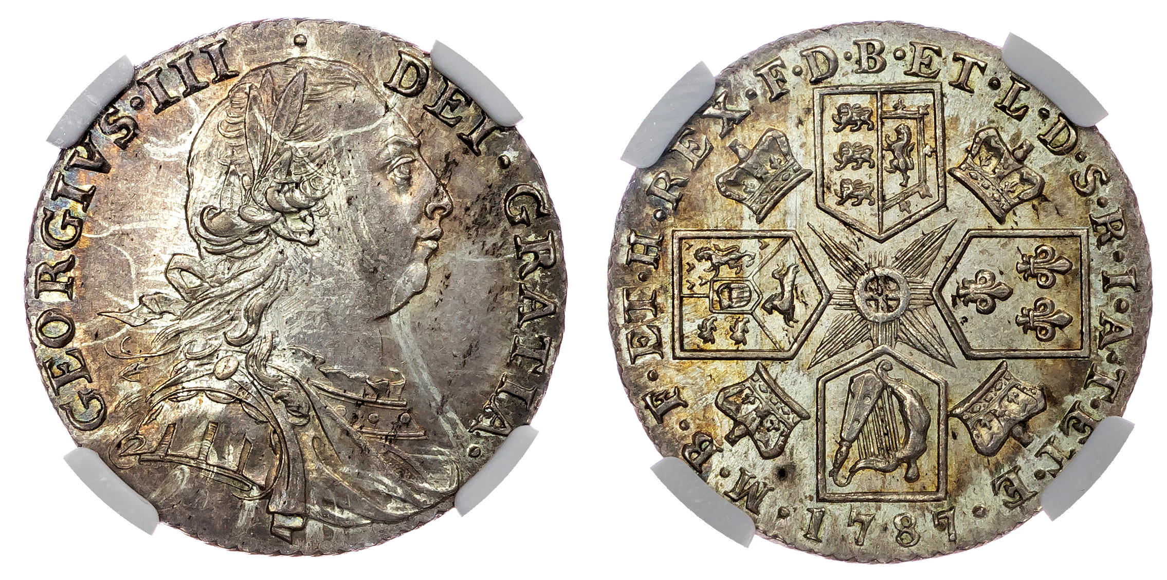 George III (1760-1820), AR Shilling, 1787, with semée of hearts. NGC MS 63