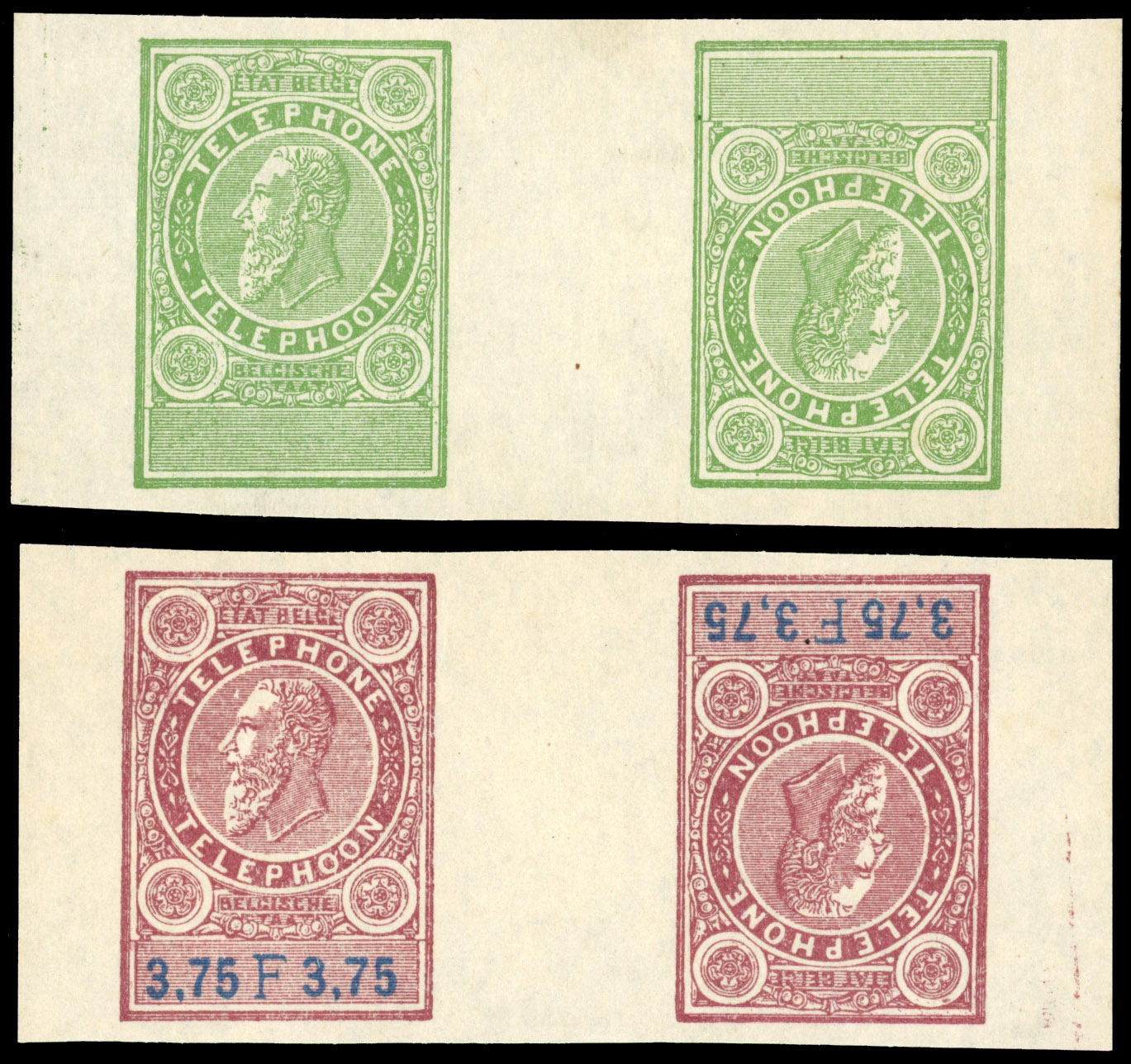 Belgium 1890s Leopold II telephone stamps tête-bêche imperf