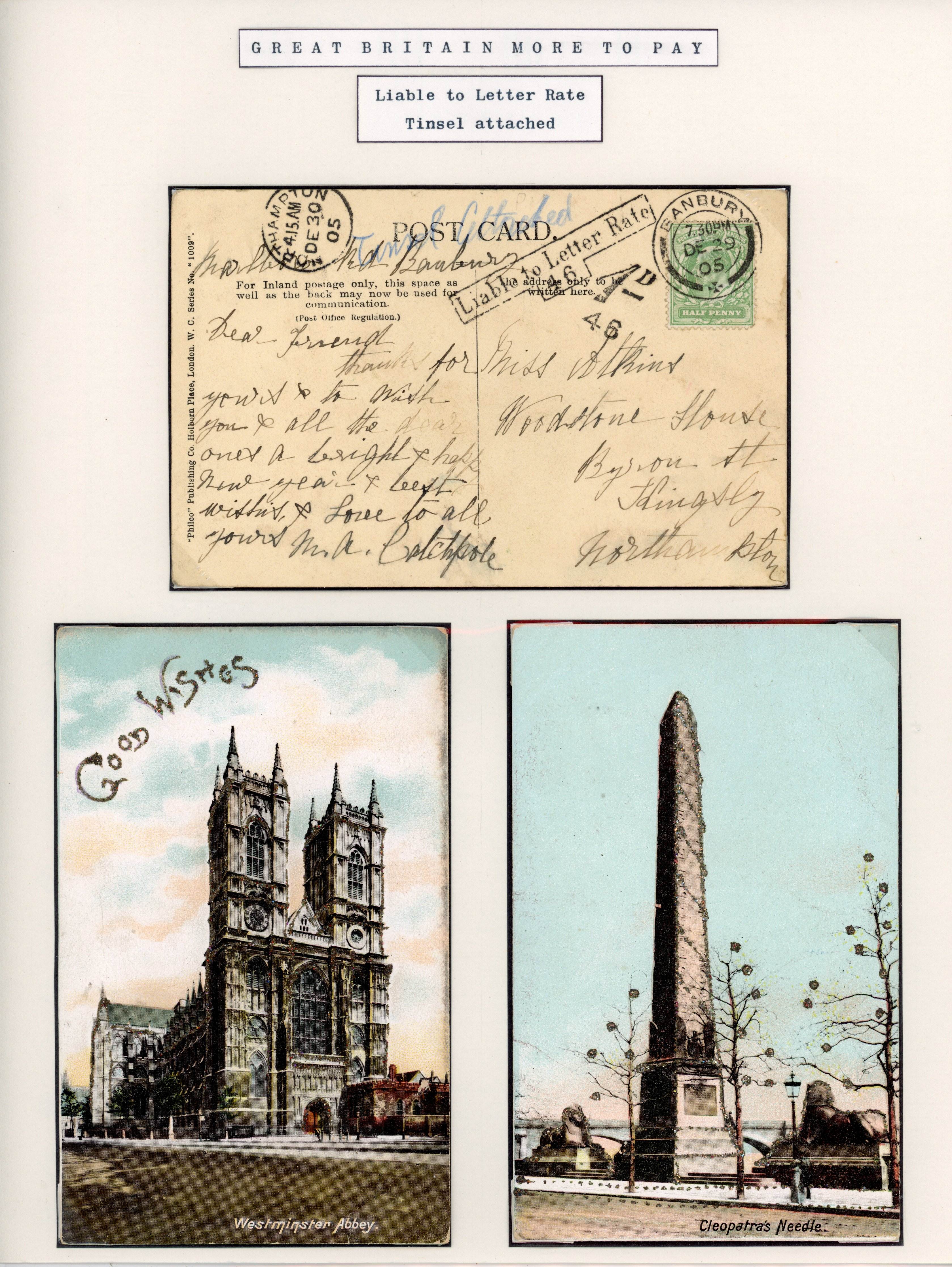Great Britain 1905 group of 3 postcards adorned with glitter