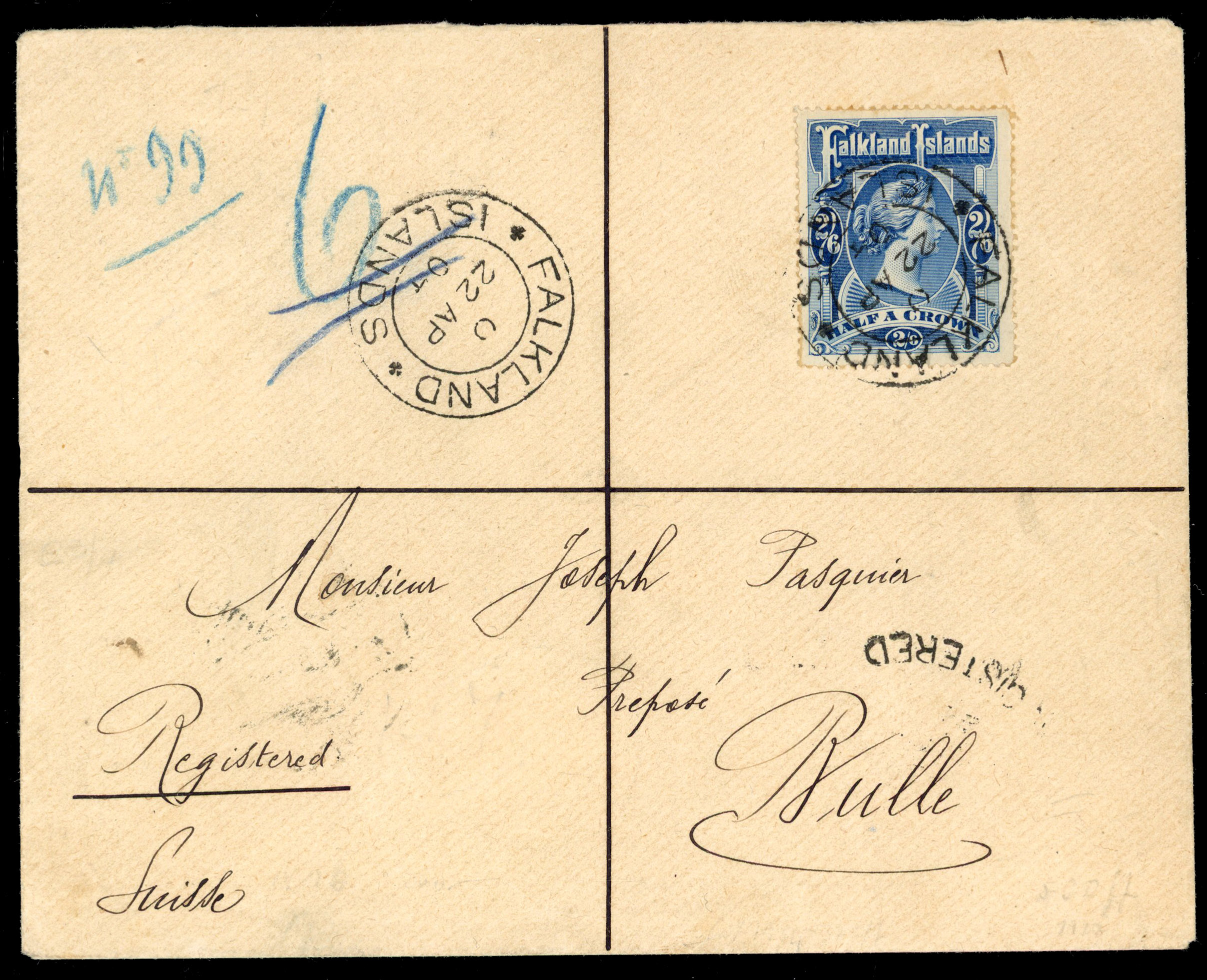 Falkland Islands QV 2s6d on cover to Switzerland 